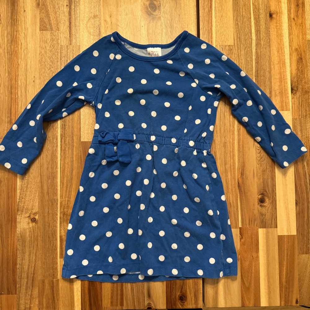Hanna‎ Andersson Blue Polka Dot Cotton Dress Kids Size 90 US 3 Bow Detail